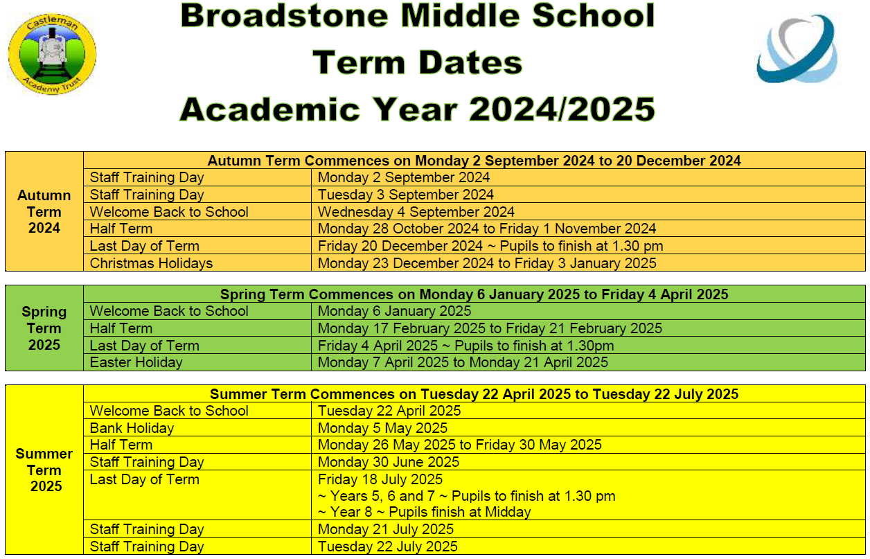 Term Dates | Broadstone Middle School